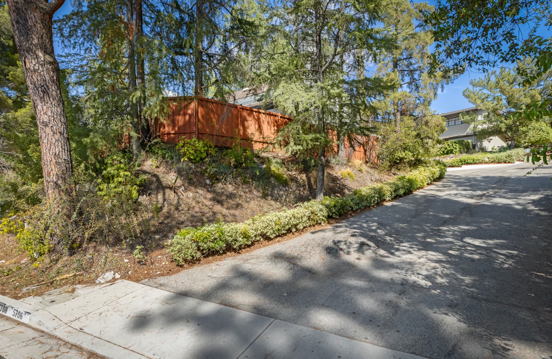 Quiet street frontage screened by mature trees